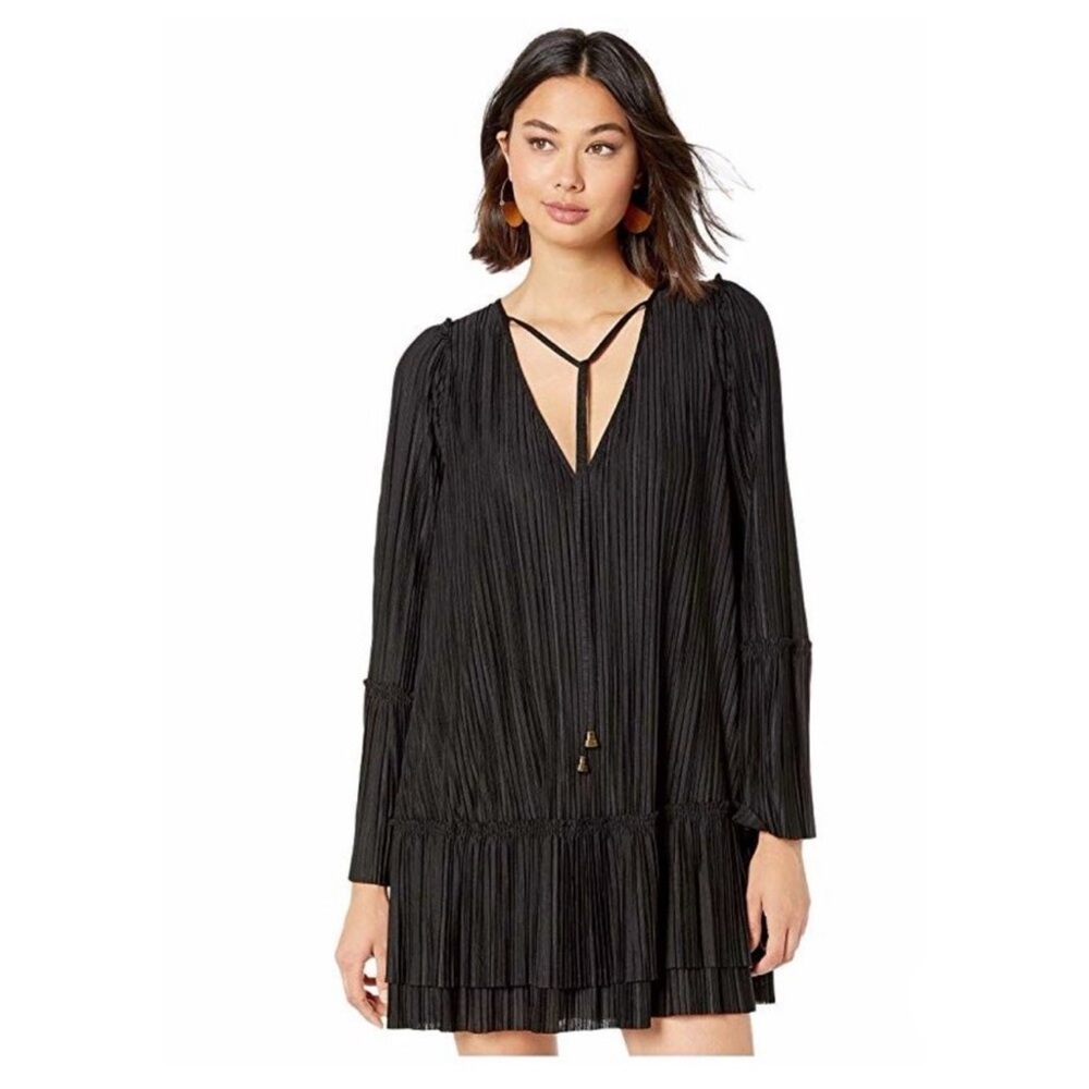 Free People Black Pleated Long Sleeve Dress